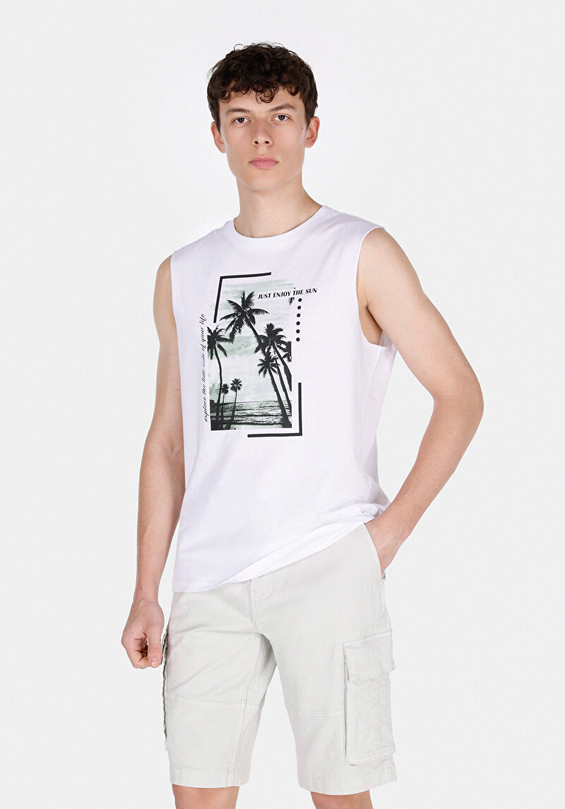 Imagine a Regular Fit Round Neck Fără Mâneci Bărbați Alb Maiou