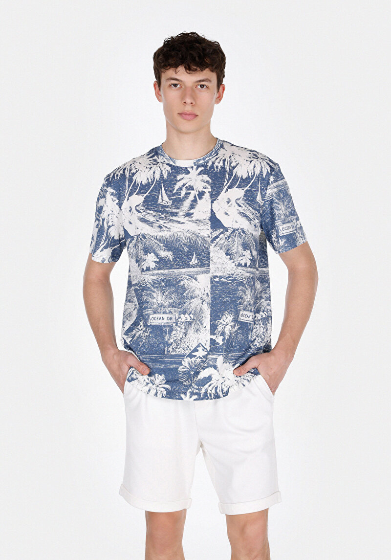 Imagine a Comfort Fit Round Collar Imprimat Tricou Albastru Cu Mânecă Scurtă Pentru Bărbați