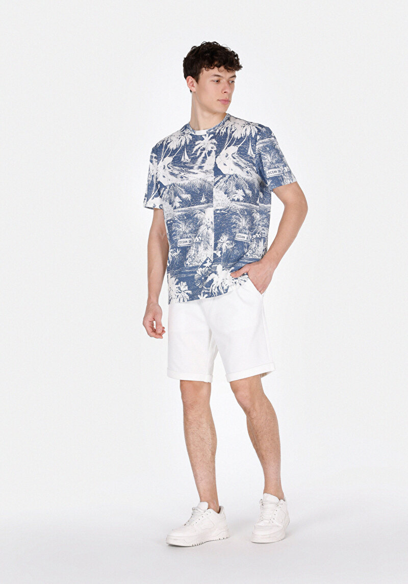 Imagine a Comfort Fit Round Collar Imprimat Tricou Albastru Cu Mânecă Scurtă Pentru Bărbați