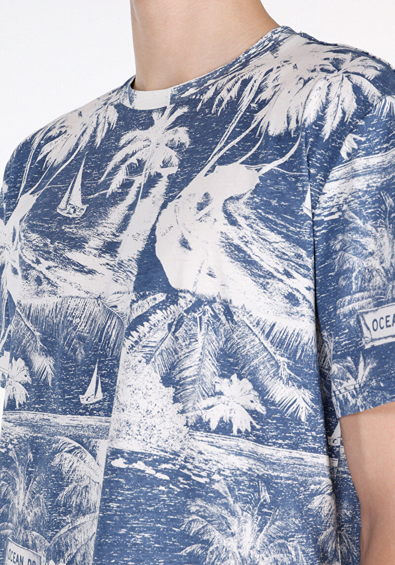 Imagine a Comfort Fit Round Collar Imprimat Tricou Albastru Cu Mânecă Scurtă Pentru Bărbați