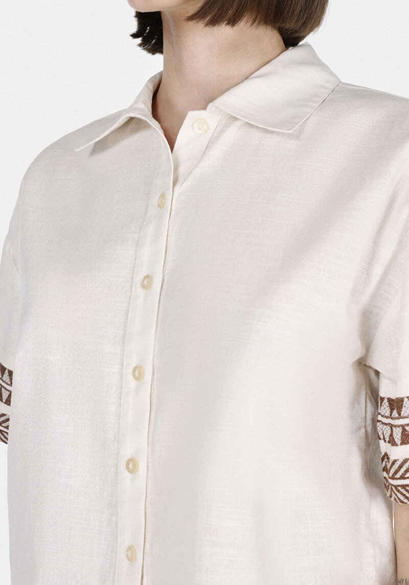 Afișați detalii pentru Cămașă Regular Fit Gât Cămașă Etnică Ecru Manșon Scurt Pentru Femei