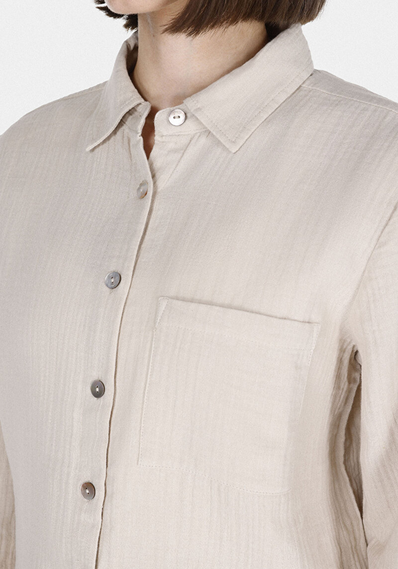 Afișați detalii pentru Regular Fit Cămașă Gât Drept Cămașă Roll-Up Bej Pentru Femei