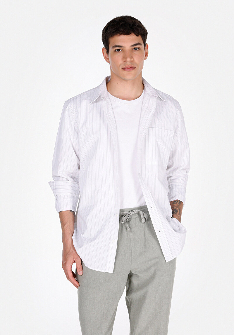 Imagine a Cămașă Comfort Fit Neck Striped Cămașă Albă Cu Mânecă Lungă Pentru Bărbați