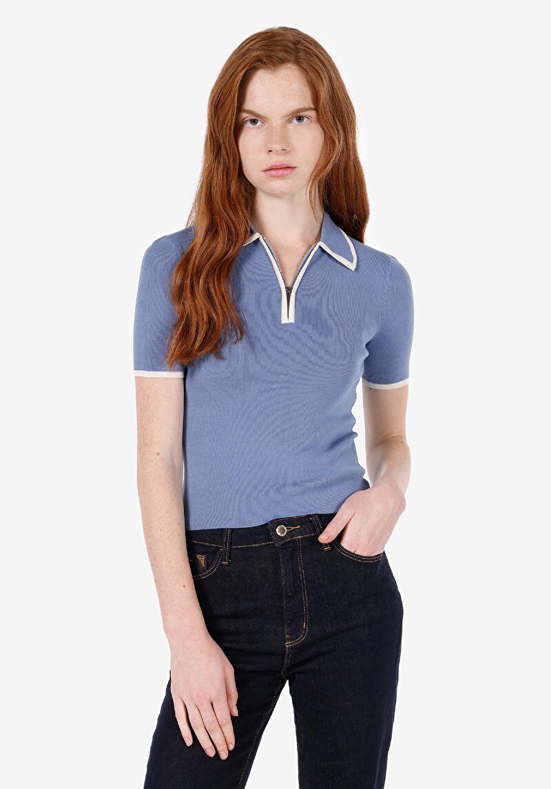 Imagine a Pulover Cu Mâneci Scurte De Dama Albastru Slim Fit Cl1072644