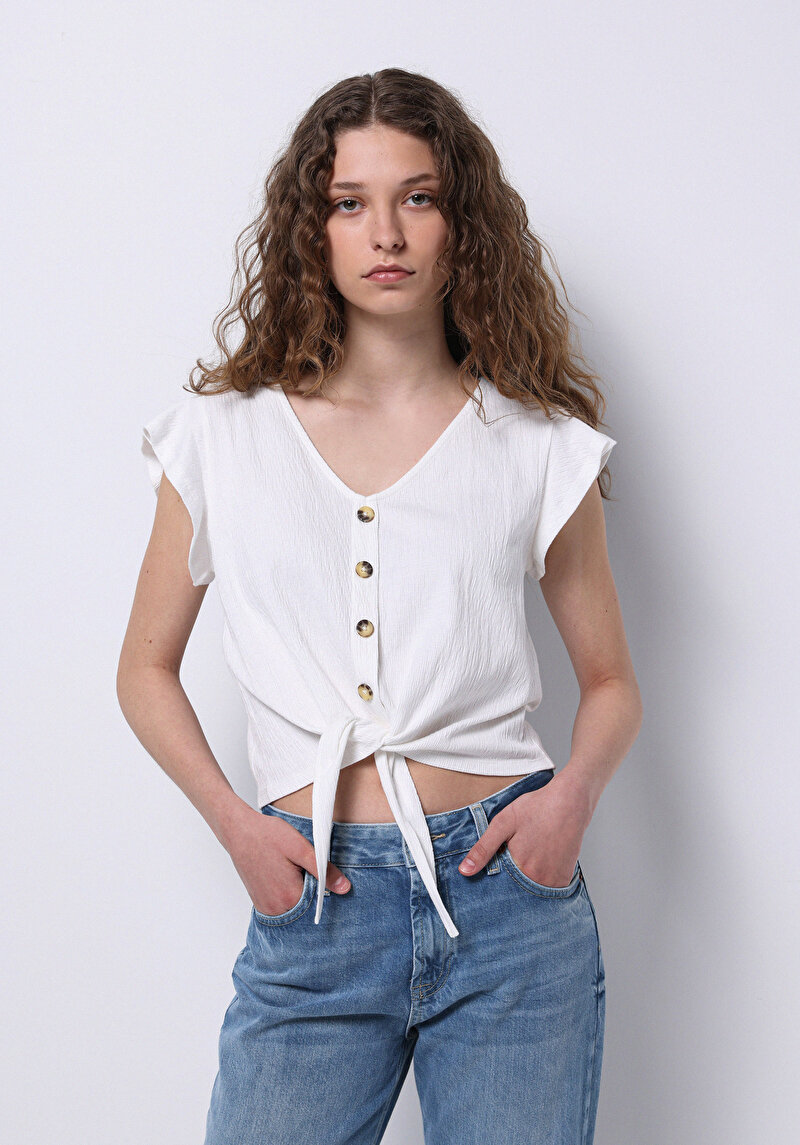 Imagine a Regular Fit V-Neck Drept Tricou Alb Cu Mânecă Scurtă Pentru Femei