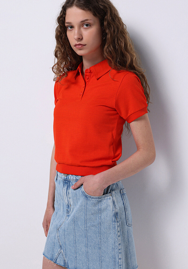 Imagine a Slim Fit Polo Neck Drept Pentru Femei Roșu Tricou Cu Mânecă Scurtă