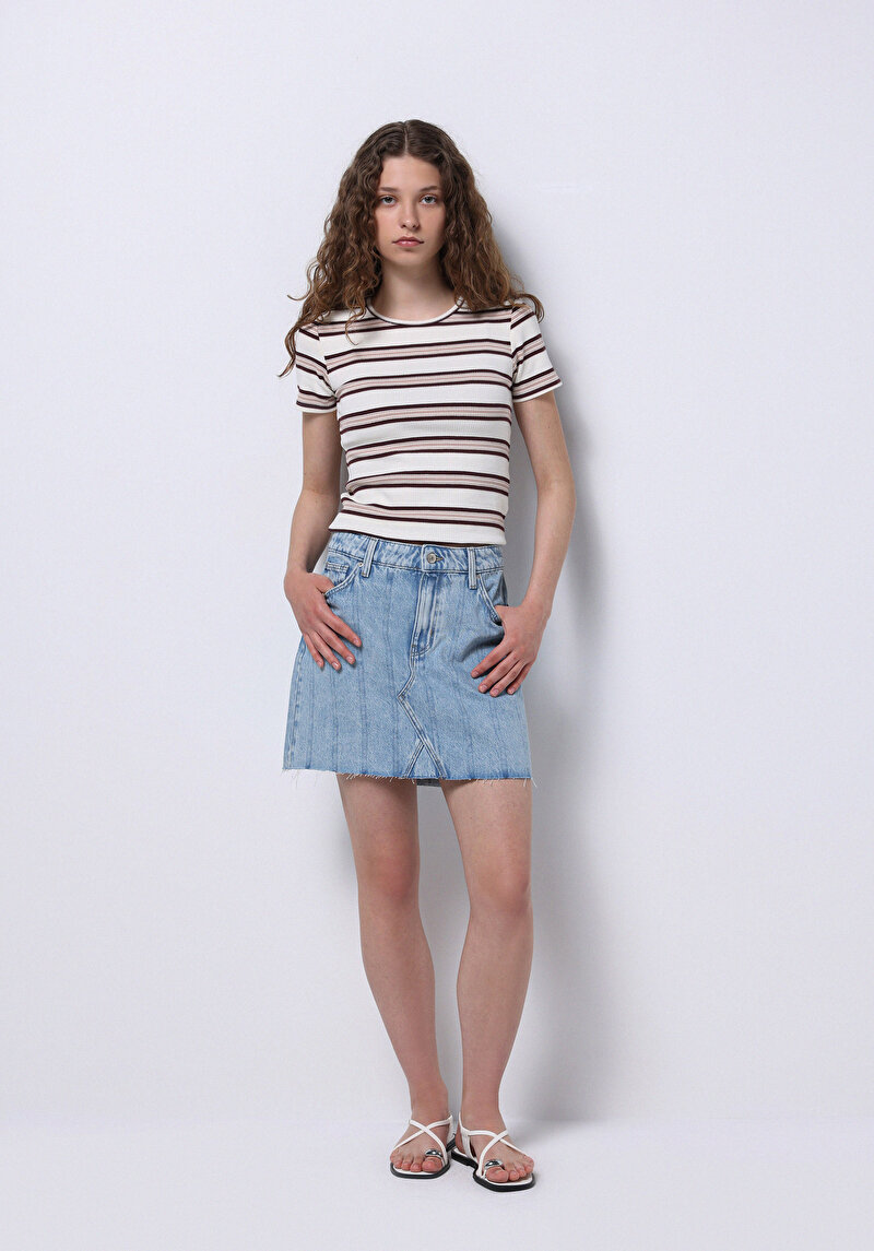 Afișați detalii pentru Fustă Albastră Pentru Femei Cu Dungi Cu Fermoar Cu Dungi Regular Fit