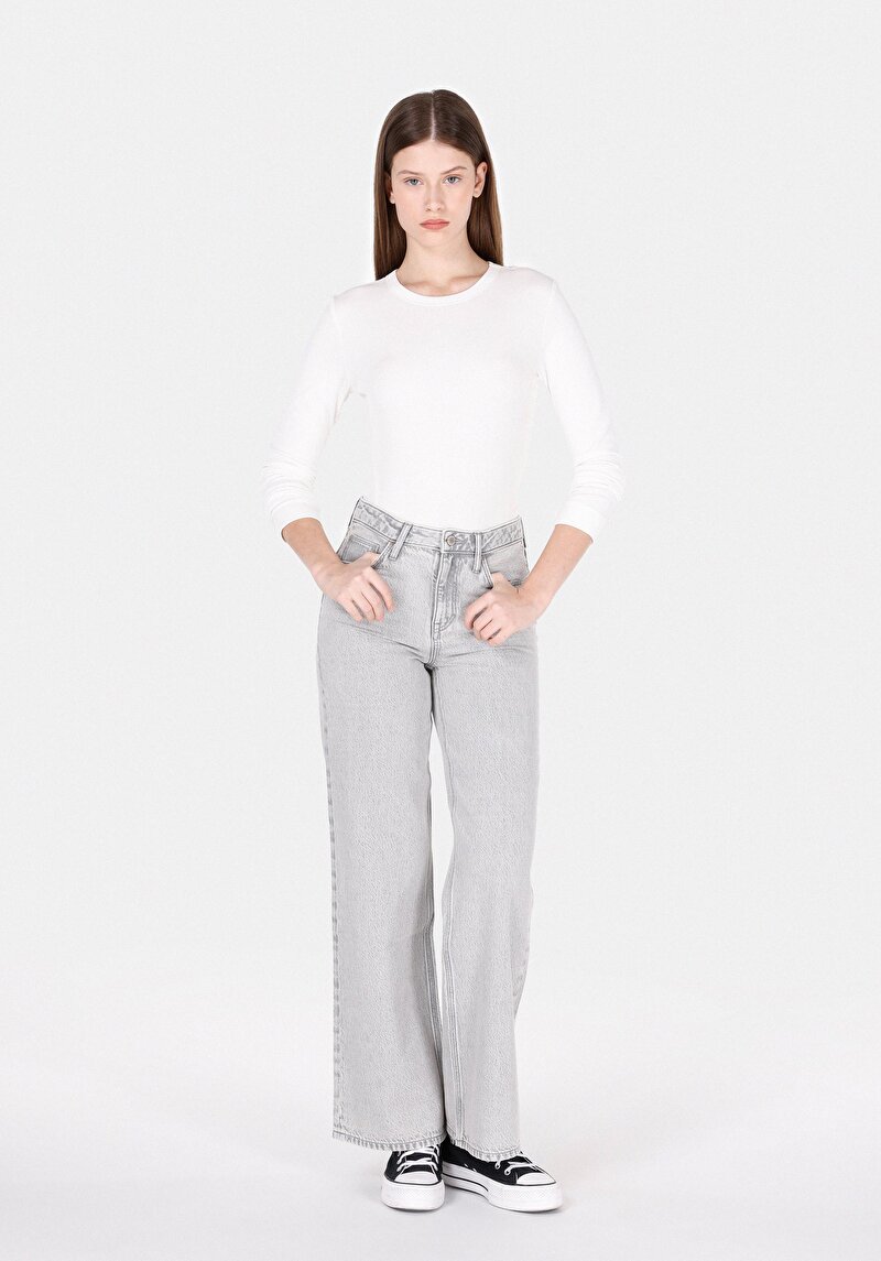 Imagine a Regular Fit Talie Ascendentă Picior Larg Blugi Gri Pentru Femei