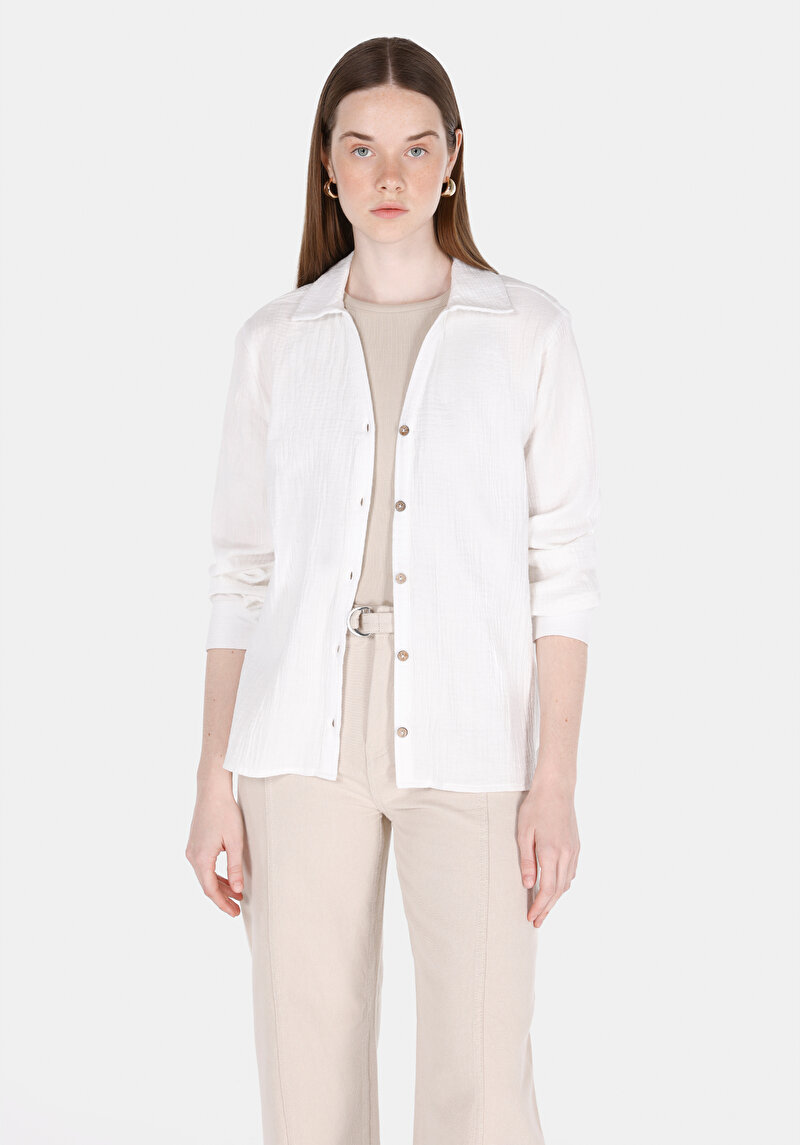 Imagine a Regular Fit Cămașă Decolteu Drept Cămașă Albă Cu Mânecă Lungă Pentru Femei