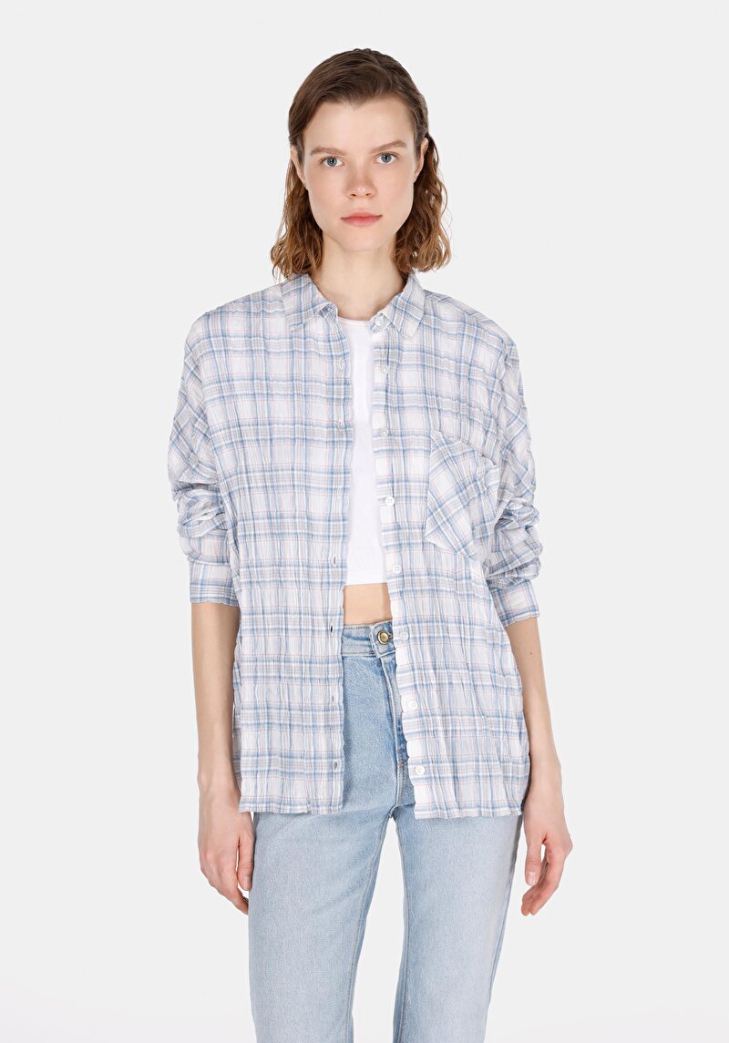Imagine a Cămașă Cu Croială Relaxată Cămașă În Carouri Cămașă Albastră Cu Mânecă Lungă Pentru Femei
