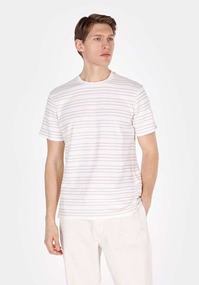 Imagine a Regular Fit Round Neck Striped Bărbați Alb Tricou Cu Mânecă Scurtă