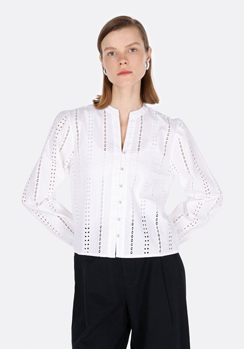 Imagine a Regular Fit Judge Collar Drept Cămașă Albă Cu Mânecă Lungă Pentru Femei