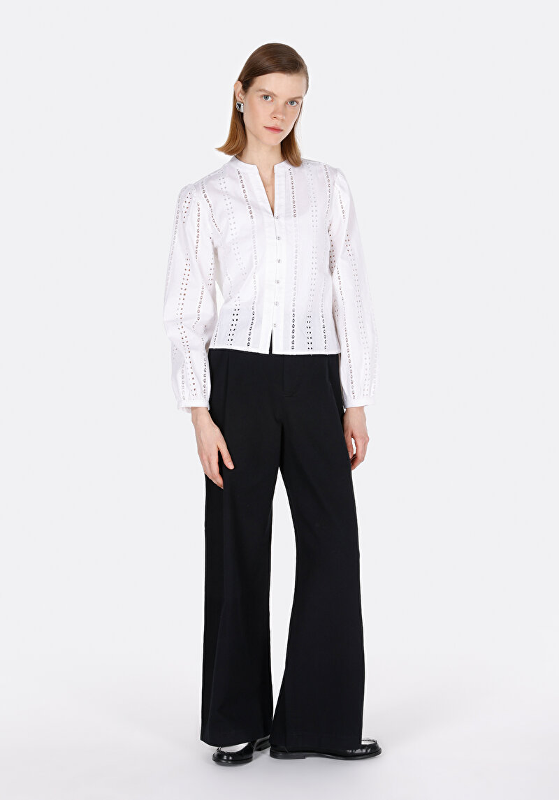 Imagine a Regular Fit Judge Collar Drept Cămașă Albă Cu Mânecă Lungă Pentru Femei