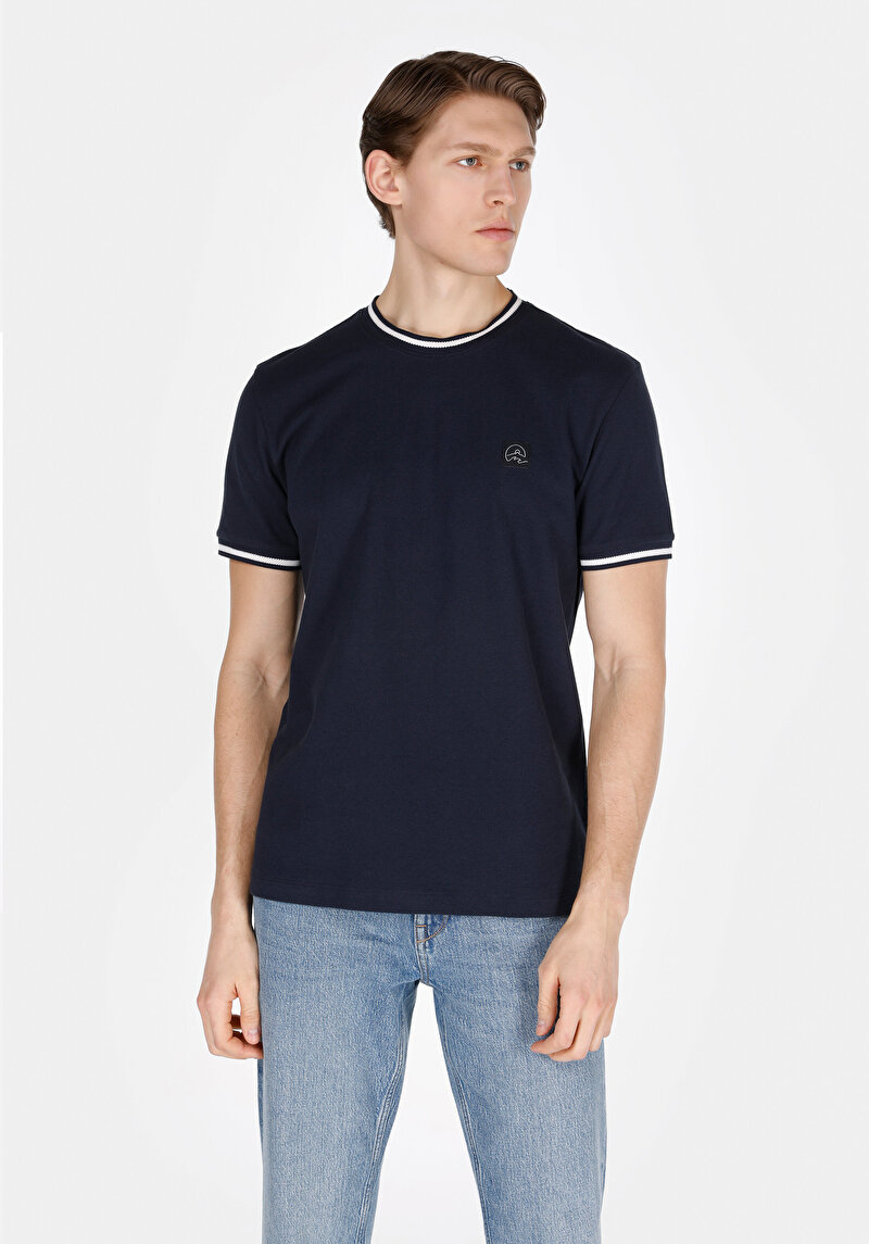 Imagine a Regular Fit Round Neck Jacquard Bărbați Bleumarin Tricou Cu Mânecă Scurtă