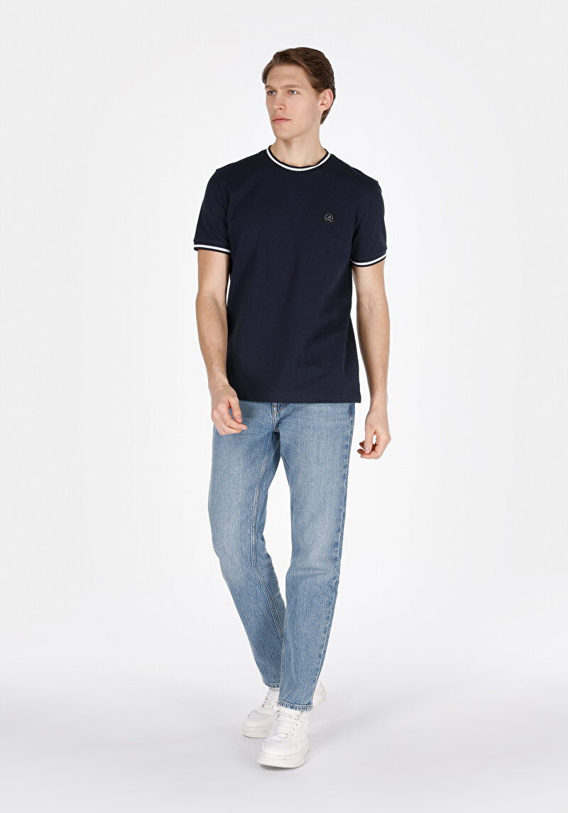 Imagine a Regular Fit Round Neck Jacquard Bărbați Bleumarin Tricou Cu Mânecă Scurtă