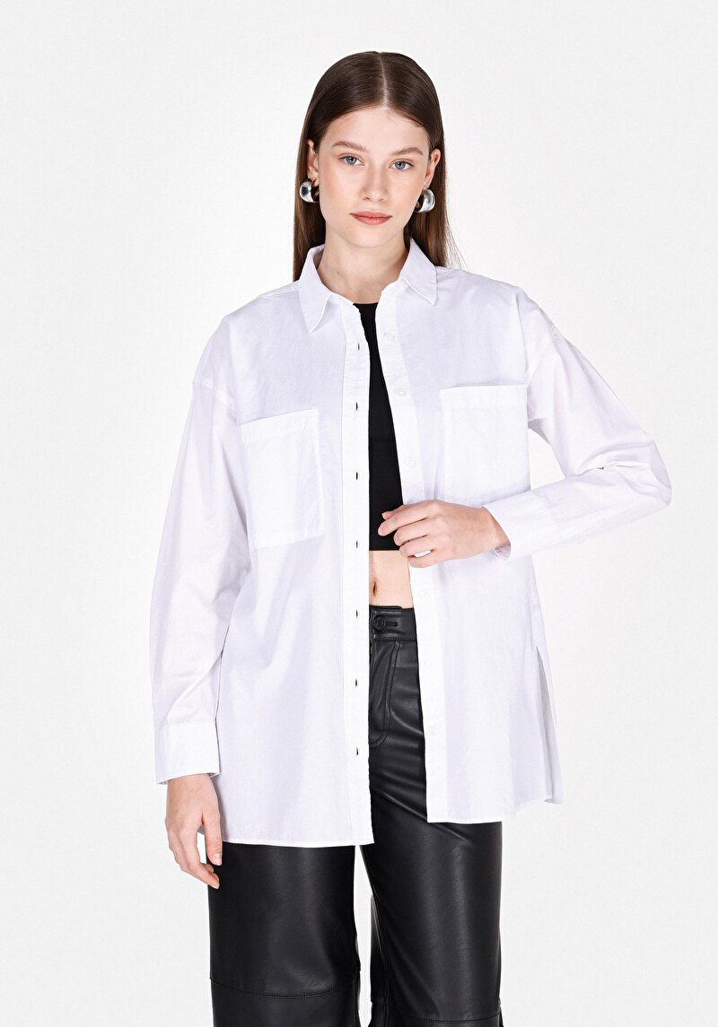 Imagine a Regular Fit Cămașă Decolteu Drept Cămașă Albă Cu Mânecă Lungă Pentru Femei