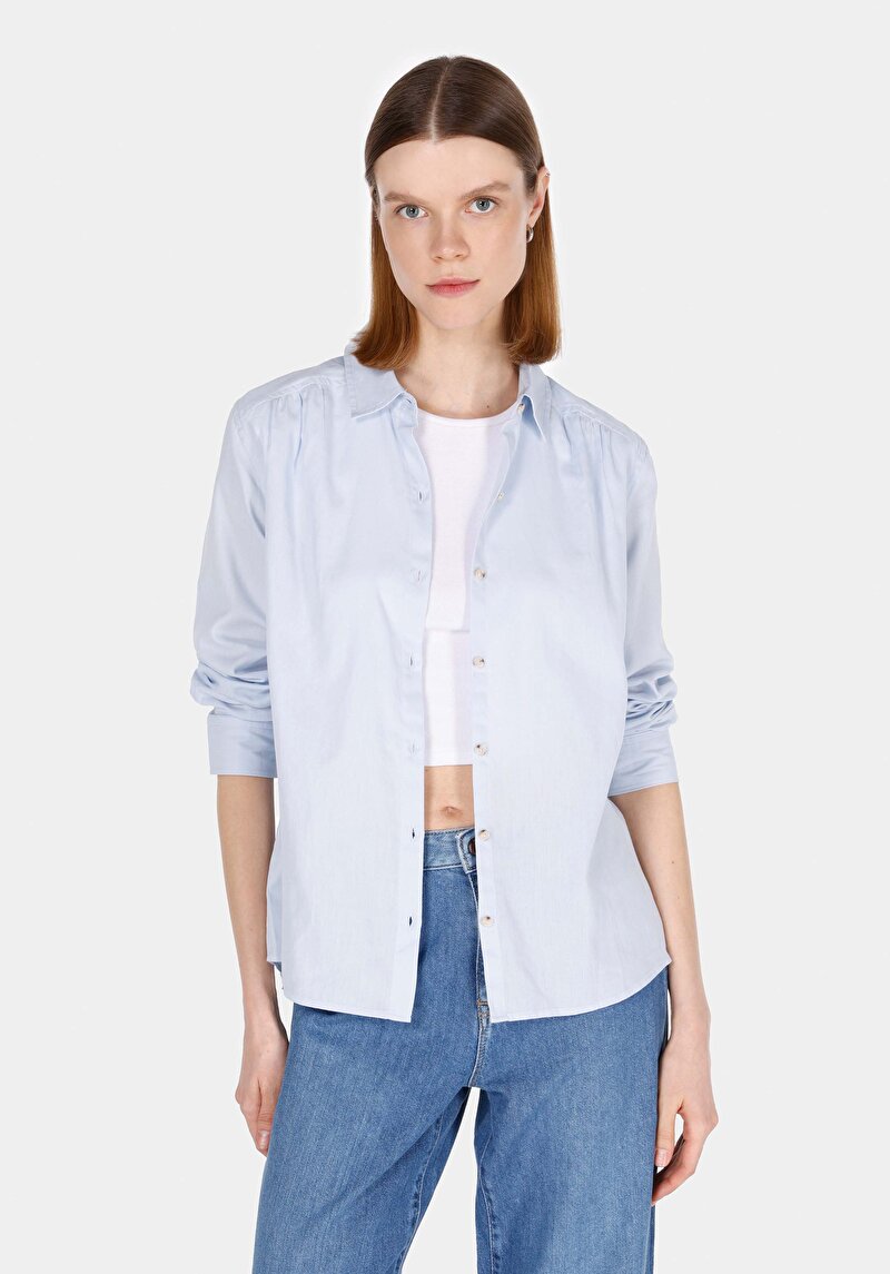 Imagine a Regular Fit Cămașă Decolteu Drept Cămașă Albastră Manșon Lung Pentru Femei