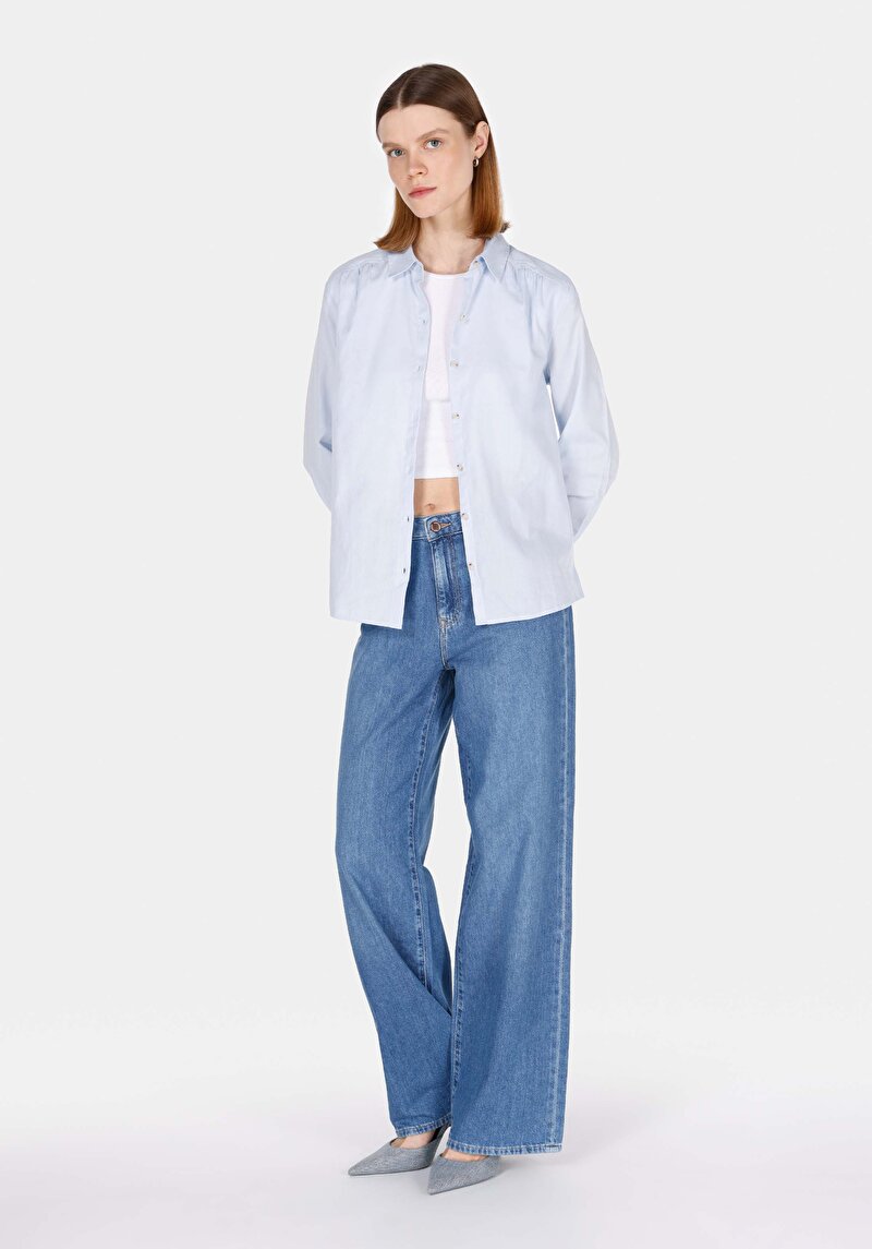 Imagine a Regular Fit Cămașă Decolteu Drept Cămașă Albastră Manșon Lung Pentru Femei