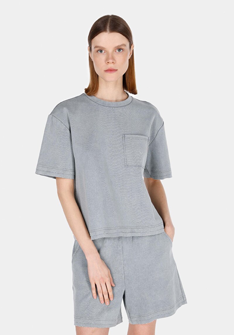 Imagine a Regular Fit Round Neck Drept Tricou Cu Mânecă Scurtă Gri Pentru Femei