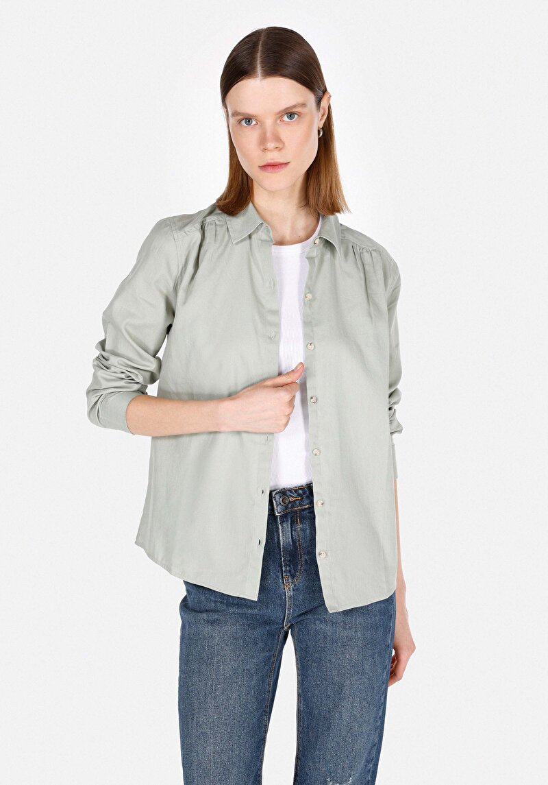 Imagine a Regular Fit Cămașă Decolteu Drept Cămașă Verde Manșon Lung Pentru Femei