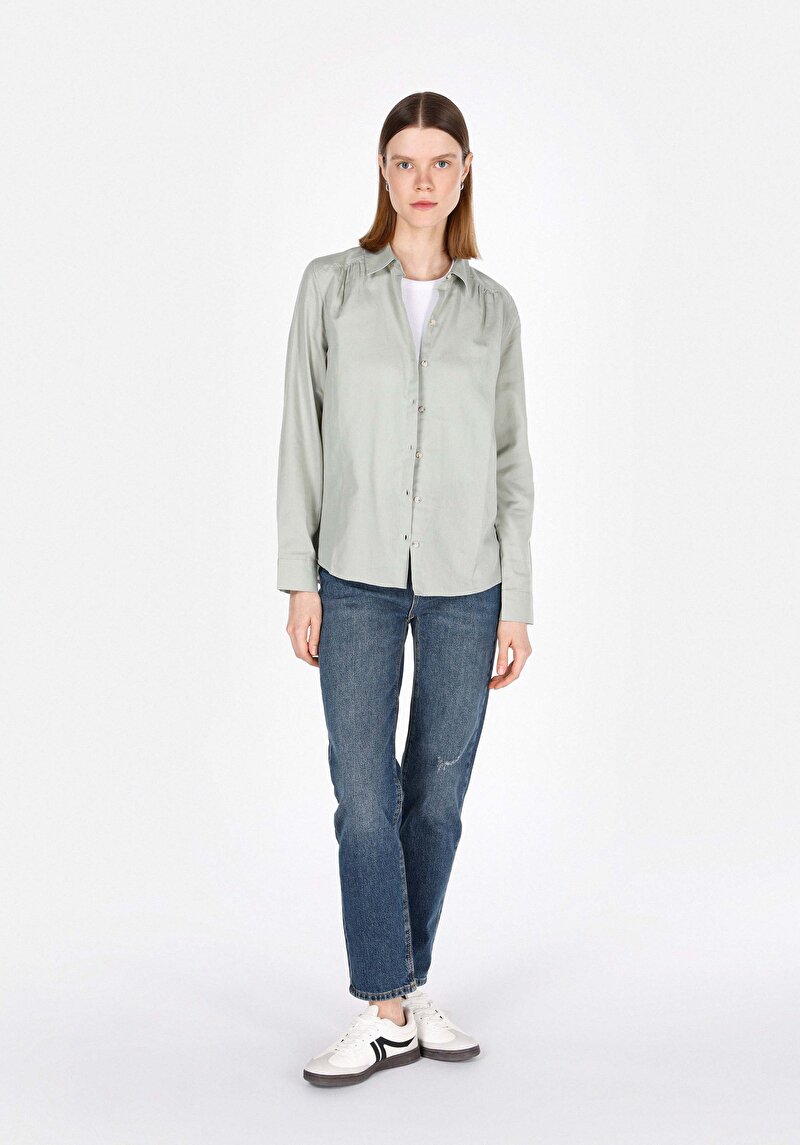 Afișați detalii pentru Regular Fit Cămașă Decolteu Drept Cămașă Verde Manșon Lung Pentru Femei