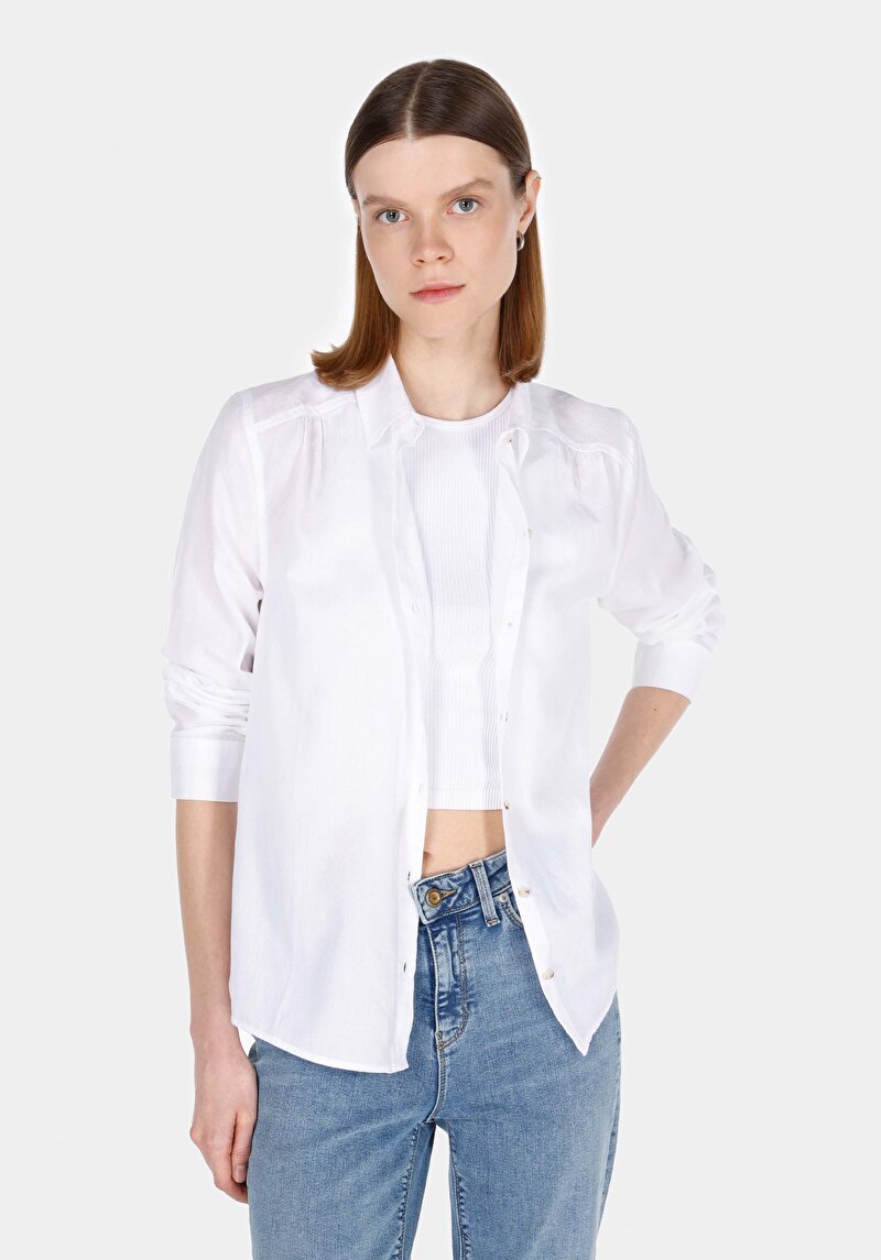 Imagine a Regular Fit Cămașă Decolteu Drept Cămașă Albă Cu Mânecă Lungă Pentru Femei