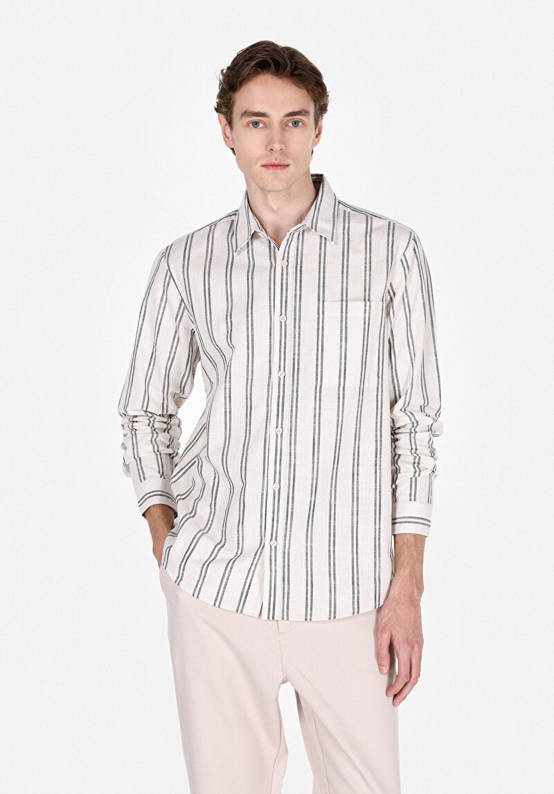 Imagine a Cămașă Cu Dungi Cămașă Cu Mânecă Lungă Ecru Pentru Bărbați