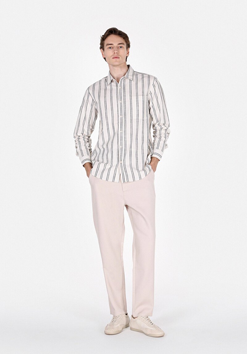 Afișați detalii pentru Cămașă Cu Dungi Cămașă Cu Mânecă Lungă Ecru Pentru Bărbați