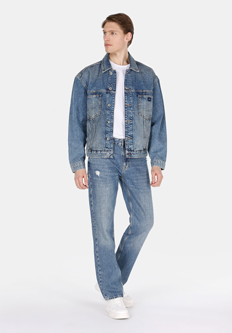 Imagine a Jachetă Albastră Pentru Bărbați Oversize Fit Cu Nasturi Și Fără Căptușeală