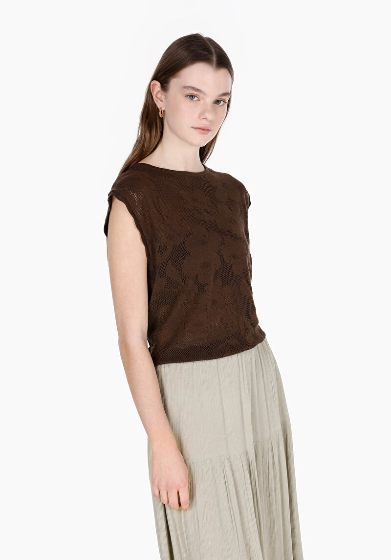 Imagine a Regular Fit Round Neck Floral Pulover Fără Mâneci Maro Pentru Femei