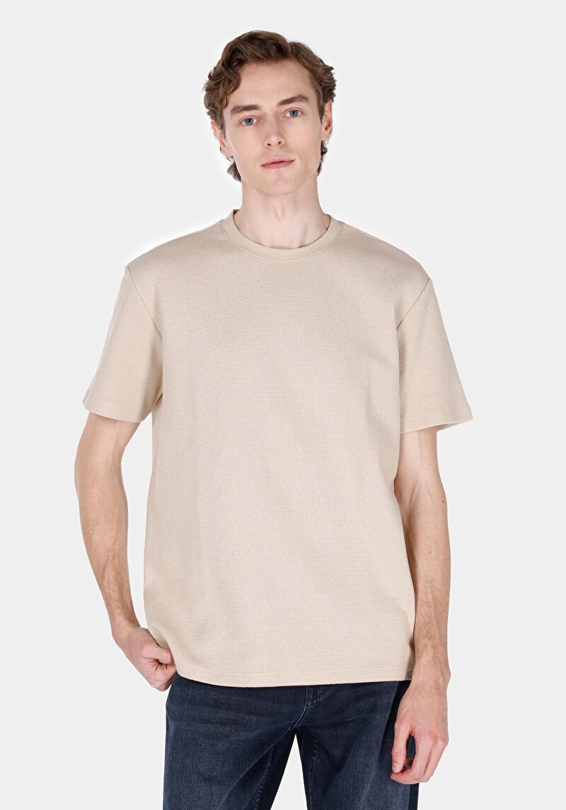 Imagine a Comfort Fit Round Neck Drept Bărbați Bej Tricou Cu Mânecă Scurtă