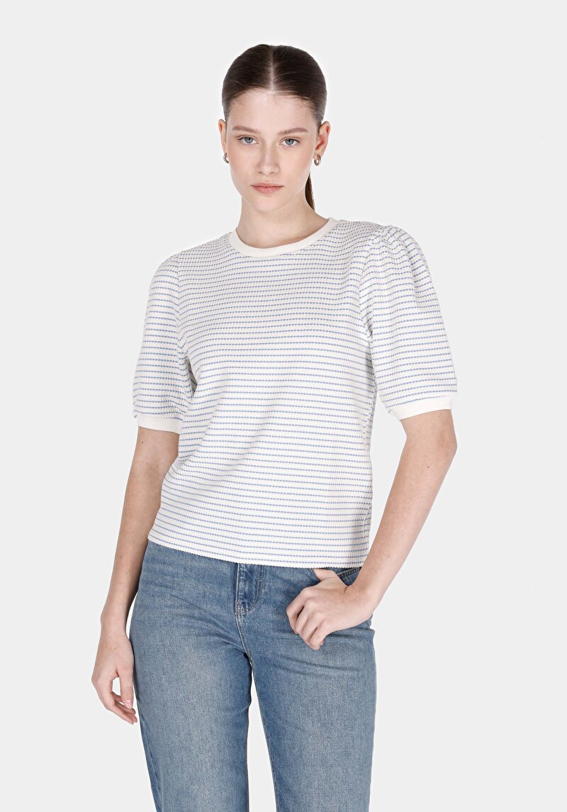 Imagine a Regular Fit Round Neck Striped Tricou Alb Cu Mânecă Scurtă Pentru Femei