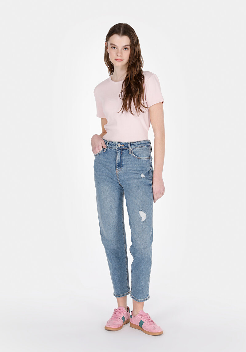 Afișați detalii pentru Mom Fit Rising Waist Shrinking Leg Blugi İndigo Pentru Femei