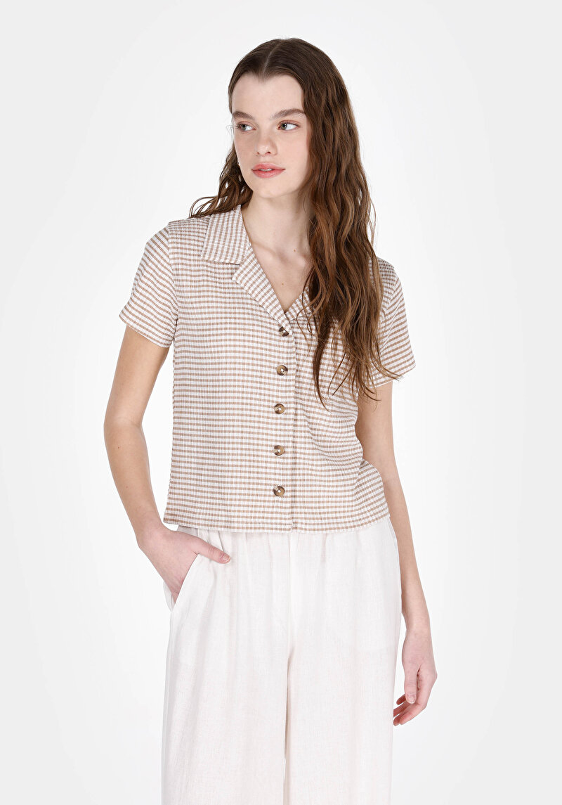 Imagine a Slim Fit Polo Neck Checkered Tricou Cu Mânecă Scurtă Bej Pentru Femei