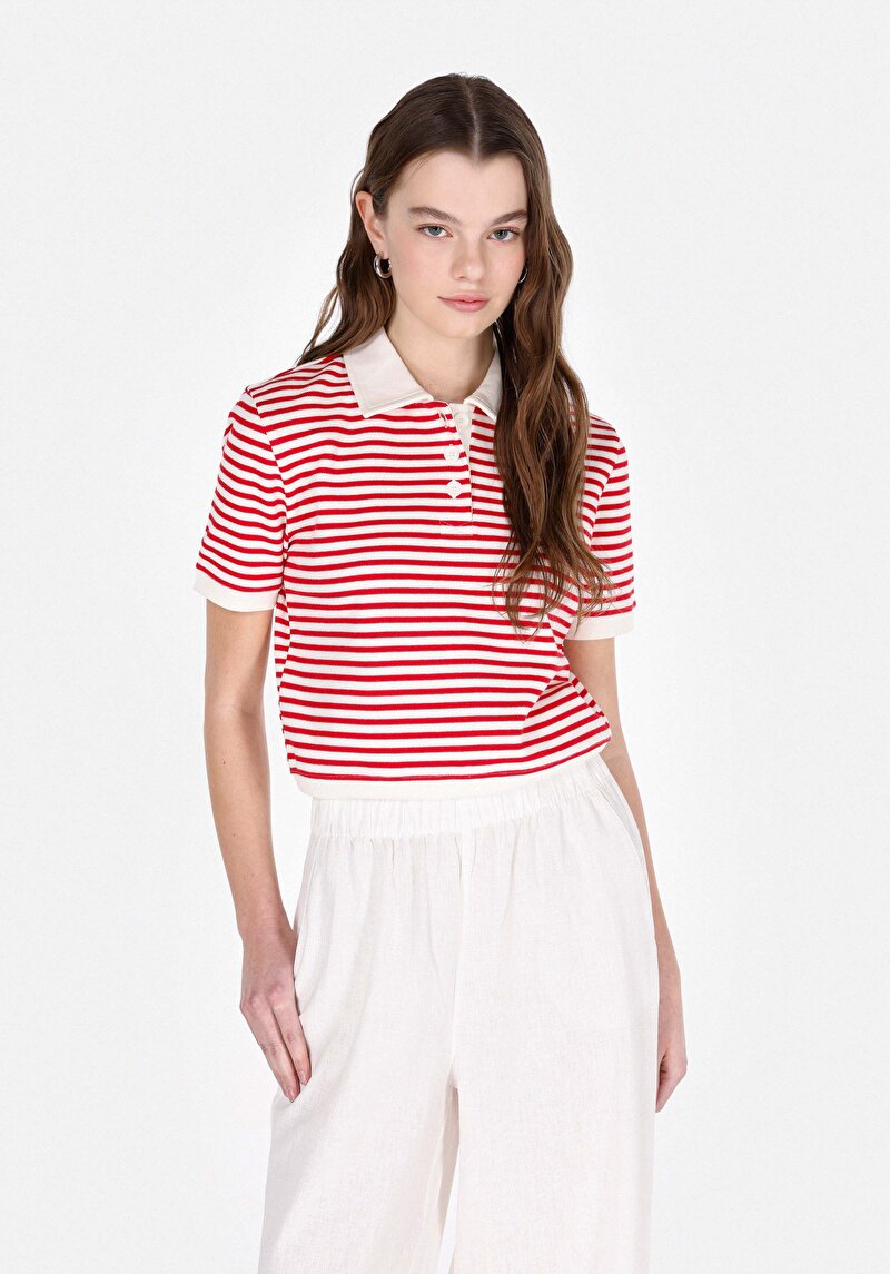 Imagine a Regular Fit Polo Collar Striped Tricou Roșu Cu Mânecă Scurtă Pentru Femei