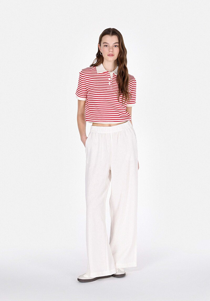 Afișați detalii pentru Regular Fit Polo Collar Striped Tricou Roșu Cu Mânecă Scurtă Pentru Femei