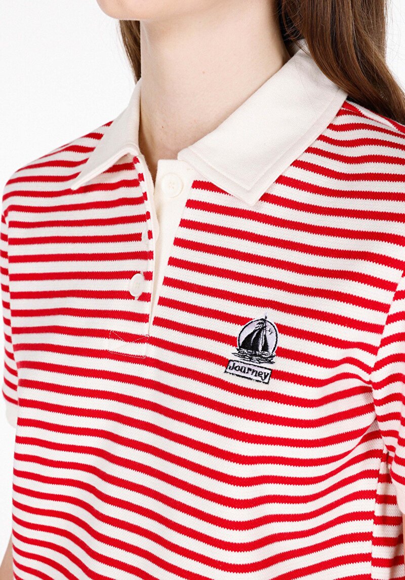 Imagine a Regular Fit Polo Collar Striped Tricou Roșu Cu Mânecă Scurtă Pentru Femei