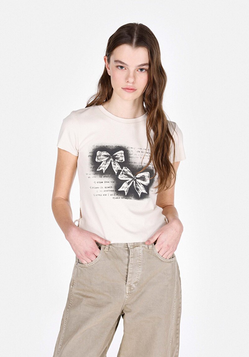 Imagine a Bluza Cu Maneca Scurta De Dama Ecru Slim Fit Cl1073544