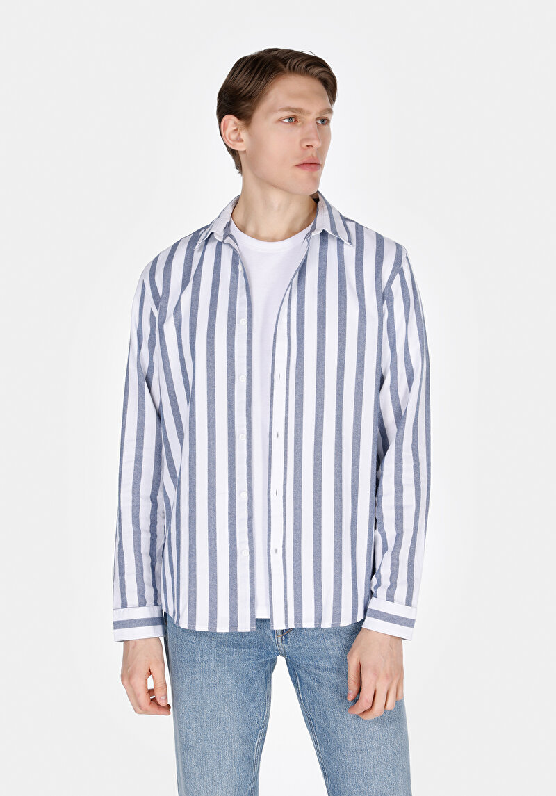 Imagine a Cămașă Cu Dungi Cămașă Albastră Cu Mânecă Lungă Pentru Bărbați