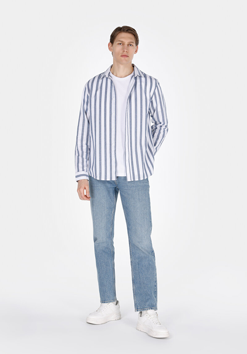 Imagine a Cămașă Cu Dungi Cămașă Albastră Cu Mânecă Lungă Pentru Bărbați