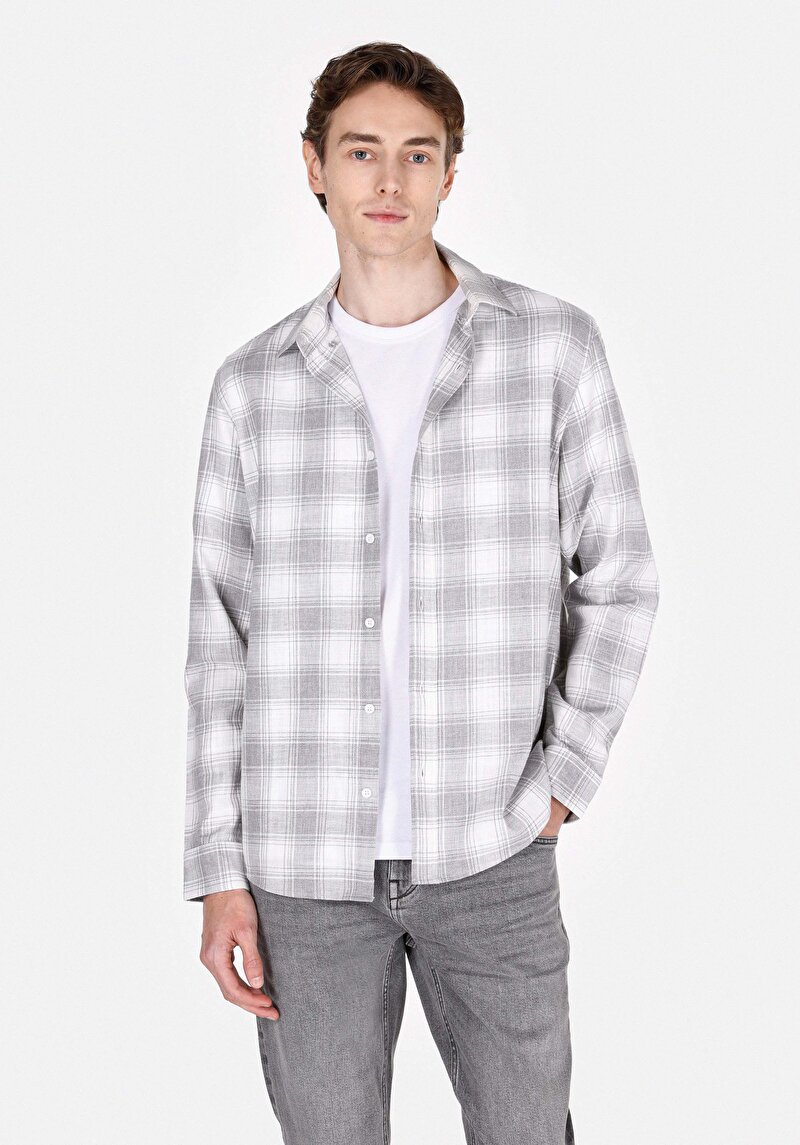 Imagine a Cămașă Cu Gât În Carouri Cămașă Gri Cu Mânecă Lungă Pentru Bărbați