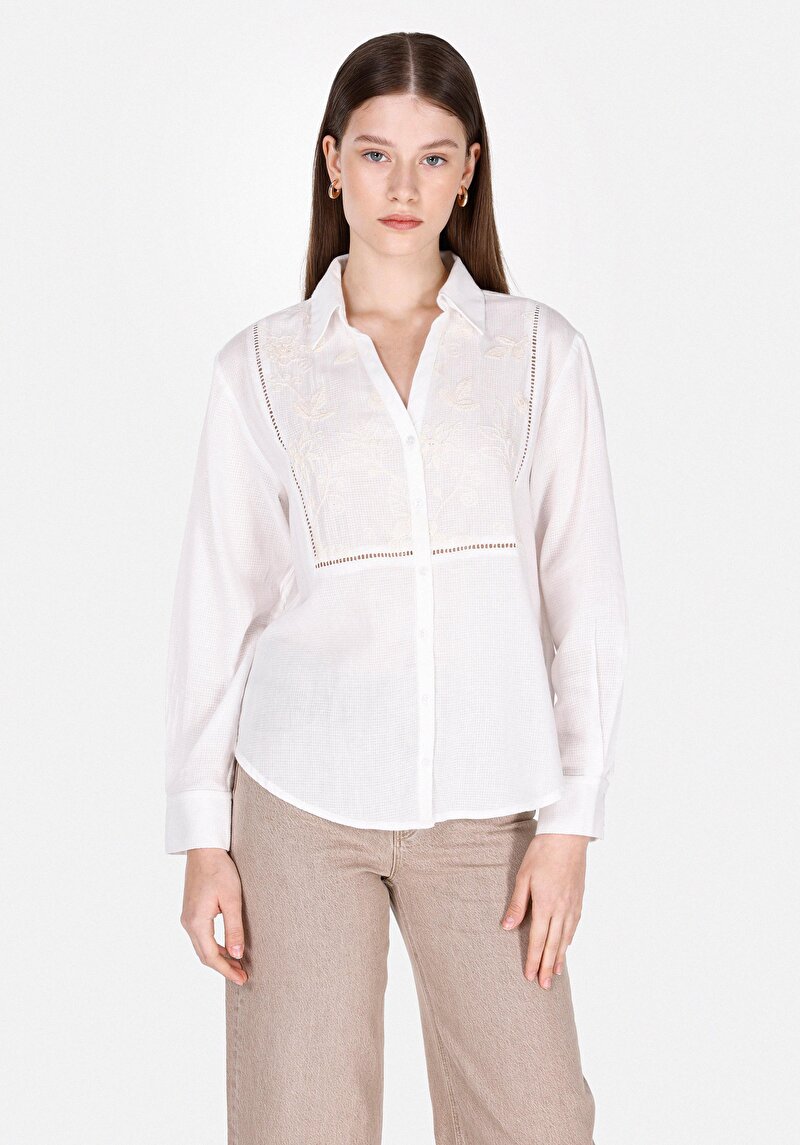 Imagine a Regular Fit Cămașă Decolteu Drept Cămașă Albă Cu Mânecă Lungă Pentru Femei