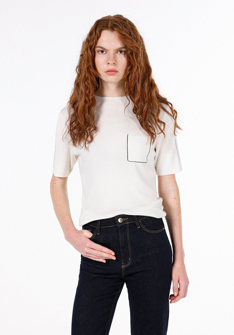 Imagine a Pulover Cu Mâneci Scurte De Dama Ecru Slim Fit  Cl1072526