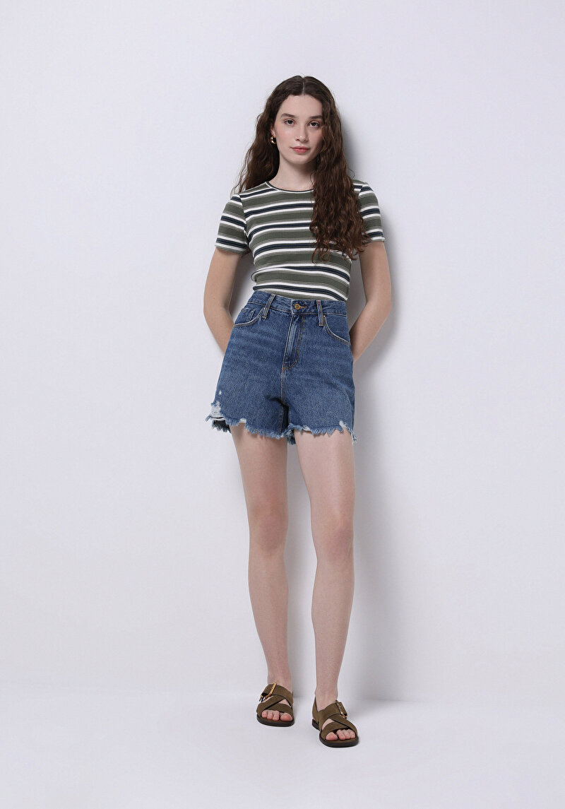 Imagine a Mom Fit Talie Înaltă Drept Pantaloni Scurți Denim Jean Pentru Femei