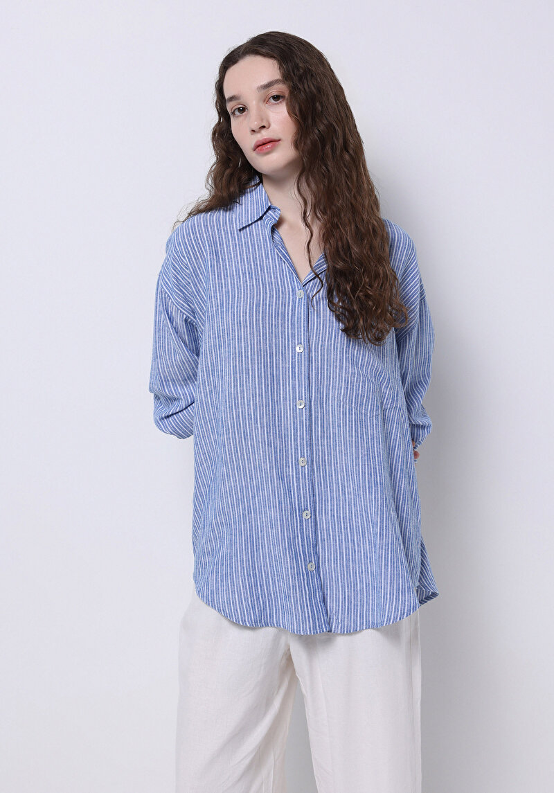 Imagine a Cămașă Cu Dungi Cămașă Albastră Cu Mânecă Lungă Pentru Femei