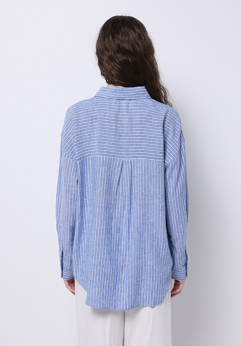 Afișați detalii pentru Cămașă Cu Dungi Cămașă Albastră Cu Mânecă Lungă Pentru Femei