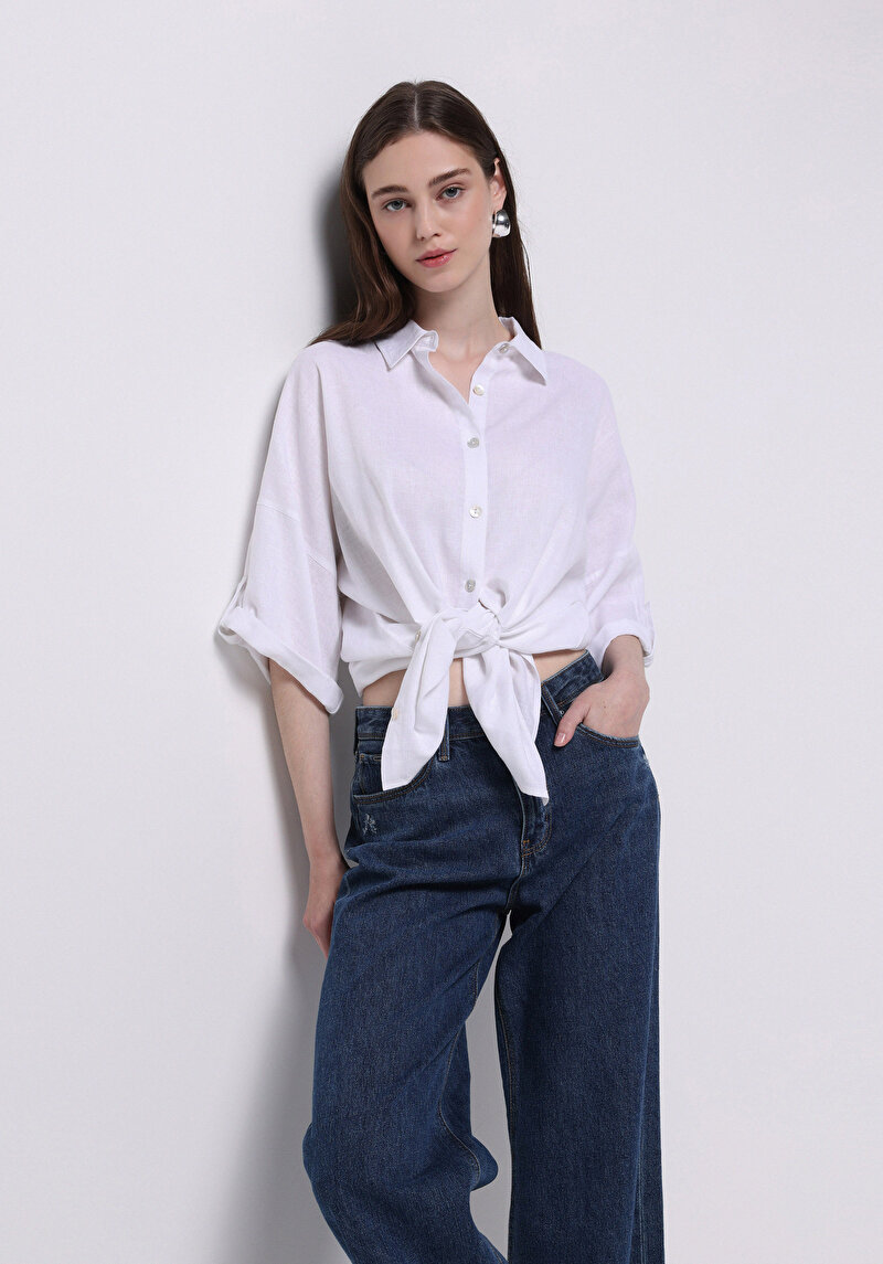 Imagine a Cămașă Relaxed Fit Neck Drept Cămașă Albă Roll-Up Pentru Femei