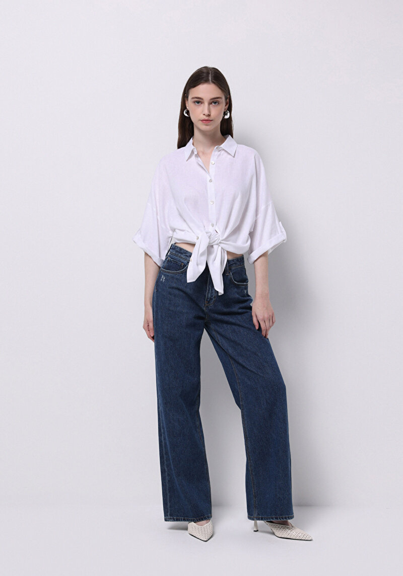 Imagine a Cămașă Relaxed Fit Neck Drept Cămașă Albă Roll-Up Pentru Femei