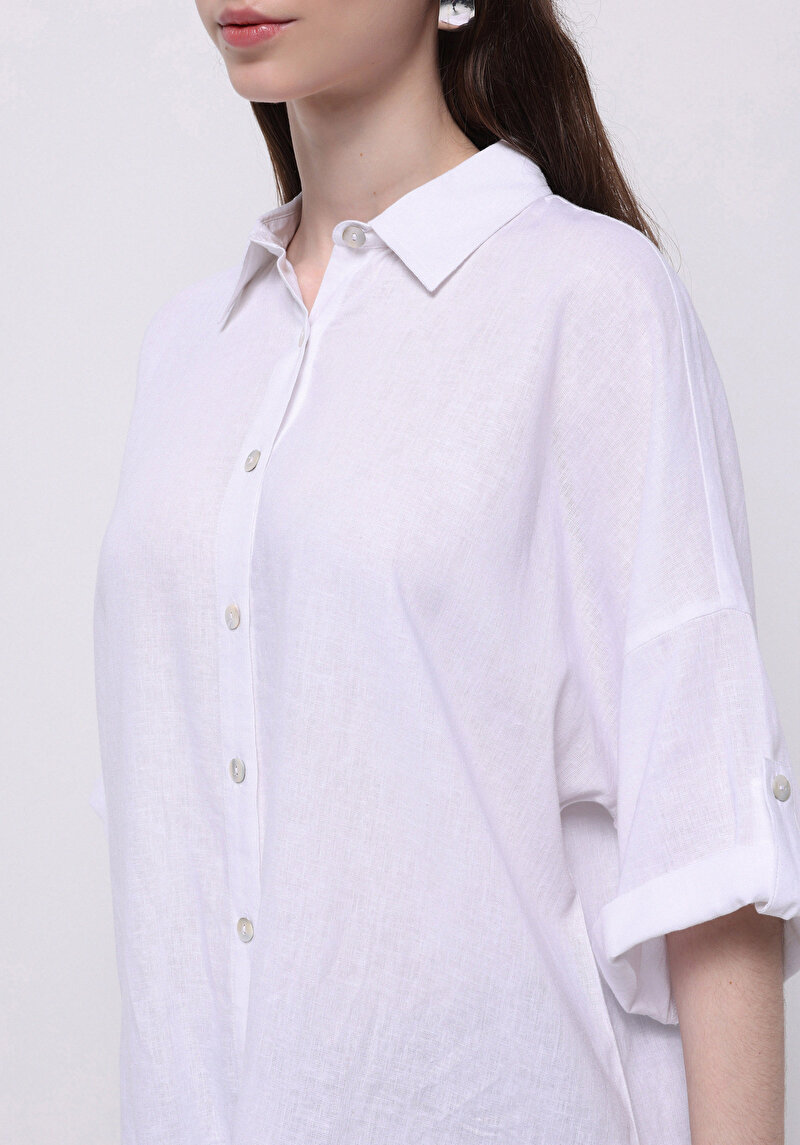 Afișați detalii pentru Cămașă Relaxed Fit Neck Drept Cămașă Albă Roll-Up Pentru Femei