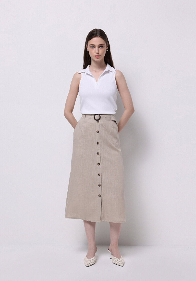 Imagine a Fustă Bej Midi Cu Nasturi Plati Pentru Femei